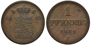 САКСОНИЯ 1 ПФЕННИГ 1851 ФРИДРИХ АВГУСТ II KM 1155, AKS 112, J. 79 медь 75-112