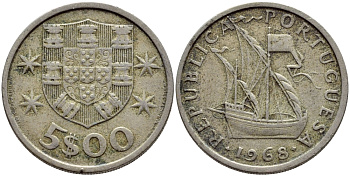 ПОРТУГАЛИЯ 5 ЭСКУДО 1968 ПАРУСНИК KM 591 медно-никель 4395-855