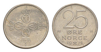 Норвегия 25 эре 1974 Улаф V (1957-1991) KM 417 медно-никель 4632-1247