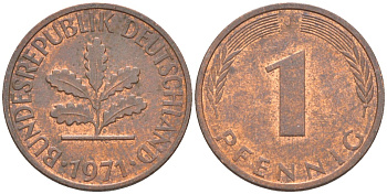 ФРГ 1 пфенниг 1971 J KM 105, J.380 сталь плакированная медью 187-427