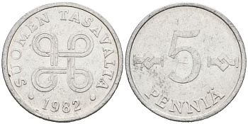 ФИНЛЯНДИЯ 5 ПЕННИ 1982 KM 45а алюминий 192-1226