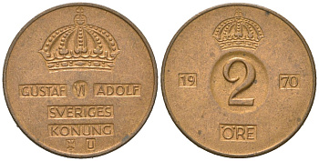 Швеция 2 эре 1970 U, Густав VI Адольф (1950-1973) KM 821 бронза 4618-244