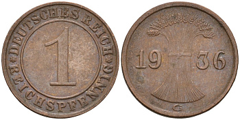 Германия 1 рейхспфенниг 1936 G KM 37, J. 313 бронза 4516-1217