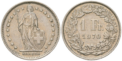 Швейцария 1 франк 1970 KM 24a.1 медно-никель 216-856
