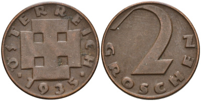 Австрия 2 гроша 1935 KM 2837 бронза 4152-119
