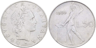 ИТАЛИЯ 50 ЛИР 1960 R, КУЗНЕЦ, ВУЛКАН БОГ ОГНЯ, ДИАМЕТР 25 ММ., РЕДКИЙ ГОД ПО КРАУЗЕ VF-10 KM 95.1 нержавеющая сталь 4448-244