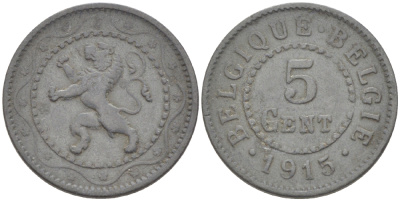 БЕЛЬГИЯ 5 САНТИМОВ 1915 BELGIQUE-BELGIE, ГЕРМАНСКАЯ ОККУПАЦИЯ ПЕРВАЯ МИРОВАЯ ВОЙНА KM 80 цинк 75-1168