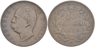 ИТАЛИЯ 10 ЧЕНТЕЗИМО 1893 R, МОНДВОР РИМ, УМБЕРТО I (1878-1900) KM 27.2 медь 4526-926