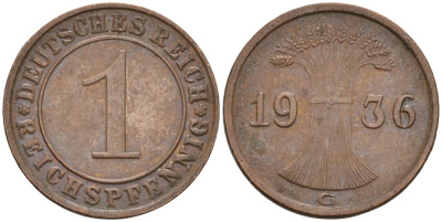 Германия 1 рейхспфенниг 1936 G KM 37, J. 313 бронза 4516-1217