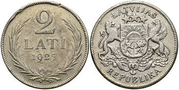 Латвия 2 лата 1925 Первая Республика (1918-1939) KM 8 серебро 27-1237