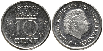 Нидерланды 10 центов 1976 Юлиана (1948-1980) КМ 182 никель 220-1267