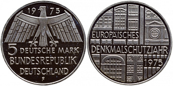 ФРГ 5 марок 1975 F, Европейский год охраны памятников J. 417, KM 142.1 серебро PROOF 1520-1323