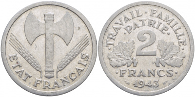 Франция 2 франка 1943 правительство Виши KM 904.1 алюминий 115-521