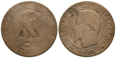 Франция 5 сантимов 1855 BB, Наполеон III (1852-1870) KM 777.3, LE FRANC 116.20 бронза 4385-1051