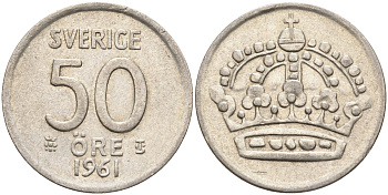 Швеция 50 эре 1961 TS, Густав VI Адольф (1950-1973) KM 825 серебро 4148-951