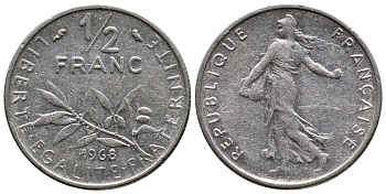 ФРАНЦИЯ 1/2 ФРАНКА 1968 СЕЯТЕЛЬ KM 931.1 никель 26-967