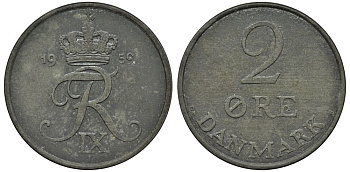 Дания 2 эре 1959 C;S, Фредерик IX (1947-1972) KM 840.2 цинк 4114-533