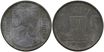 Бельгия 1 франк 1942 Belgique - Belgie, Леопольд III (1934-1947), германская оккупация, Вторая мировая война KM 127 цинк 4161-427