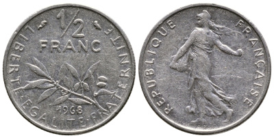 ФРАНЦИЯ 1/2 ФРАНКА 1968 СЕЯТЕЛЬ KM 931.1 никель 26-967