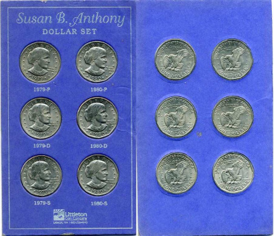 США НАБОР ИЗ 6 МОНЕТ ПО 1 ДОЛЛАРУ 1979-1980 ТИП СЬЮЗЕН ЭНТОНИ, ТРИ МОНЕТНЫХ ДВОРА, ФИЛАДЕЛЬФИЯ, ДЕНВЕР, САН-ФРАНЦИСКО KM 207 медь плакированная медно-никелем UNC 2-6-3-23