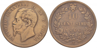 ИТАЛИЯ 10 ЧЕНТЕЗИМО 1866 Т, ВИКТОР ЭММАНУИЛ II (1861-1878) KM 11.6 медь 4545-231