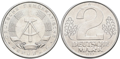 ГДР 2 марки 1957 А KM 14 алюминий UNC 4574-513