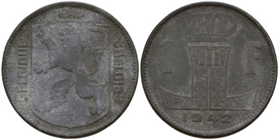 Бельгия 1 франк 1942 Belgique - Belgie, Леопольд III (1934-1947), германская оккупация, Вторая мировая война KM 127 цинк 4161-427