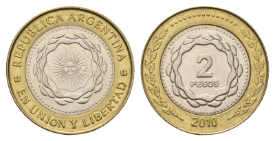 Аргентина 2 песо 2010 KM 165 биметалл aUNC 4571-1025