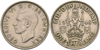 Великобритания 1 шиллинг 1948 Георг VI (1936-1952), Шотландский герб KM 864, Spink 4104 медно-никель 4126-354