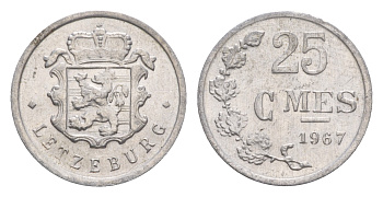 Люксембург 25 сантимов 1967 Герцог Жан (1964-1999) KM 45a.1 алюминий  aUNC  4659-529
