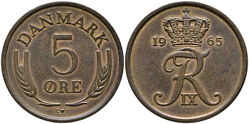 ДАНИЯ 5 ЭРЕ 1965 C; S, ФРЕДЕРИК IX (1947-1972) KM 848.1 бронза 31-615