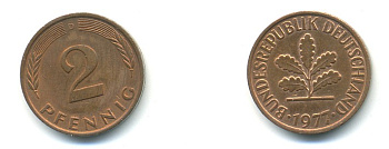 ФРГ 2 пфеннига 1977 D KM 106a, J. 381a сталь плакированная медью 4379-313