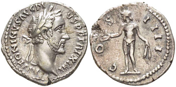 Римская Империя денарий 150 - 151 Антонин Пий, ANTONINVS AVG PIVS PP TR P XIIII, бюст императора / COS IIII, Гений с патерой и колосьями, Рим, 3,24 гр RIC 196 серебро 1073-18-92