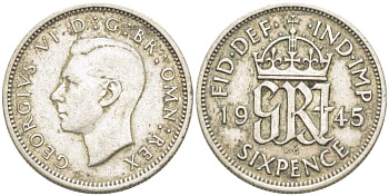 Великобритания 6 пенсов 1945 Георг VI (1936-1952) KM 852, Spink 4084 серебро 217-717