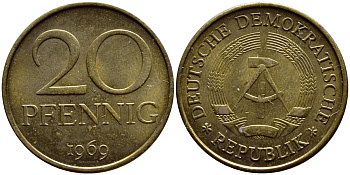 ГДР 20 пфеннигов 1969 А, первый год KM 11 латунь UNC 73-1314