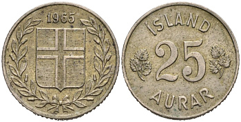 Исландия 25 эйре 1965 KM 11 медно-никель 4564-618