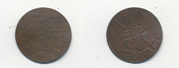 Франкфурт 1 геллер 1821 GB AKS 30, Jaeger 10, KM 301 медь 46-361