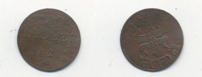 Франкфурт 1 геллер 1821 GB AKS 30, Jaeger 10, KM 301 медь 46-361