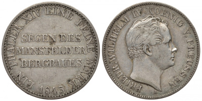 Пруссия 1 талер 1843 А, Фридрих Вильгельм IV (1840-1861) KM 446, AKS 75, Dav. 770, Kahnt 376, Thun 257 серебро 00-814-12