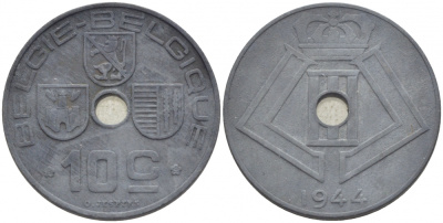 БЕЛЬГИЯ 10 САНТИМОВ 1944 BELGIE-BELGIQUE KM 126 цинк 4448-222
