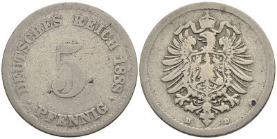 ГЕРМАНИЯ 5 ПФЕННИГОВ 1888 D, СТАРОГЕРБОВКА KM 3, Jager 3, Weege 5 медно-никель 4546-1054
