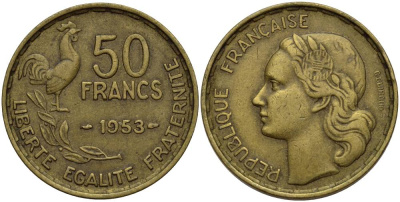ФРАНЦИЯ 50 ФРАНКОВ 1953 ПЕТУХ KM 918.1, LE FRANC 425.10 алюминиевая бронза 27-845