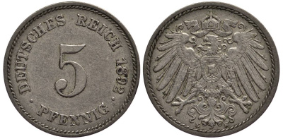 ГЕРМАНИЯ 5 ПФЕННИГОВ 1892 E KM 11, Jager 12, Weege 6 медно-никель 4547-331