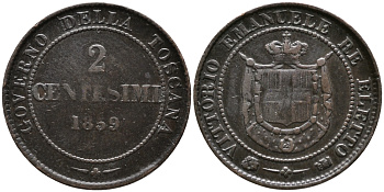 ИТАЛИЯ, ТОСКАНА 2 ЧЕНТЕЗИМО 1859 ВИКТОР ИМАНУИЛ, ВТОРОЙ ПРЕДВАРИТЕЛЬНЫЙ ВЫПУСК KM 82 медь 100-533
