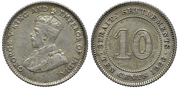 Стрейтс-Сетлментс 10 центов 1926 Георг V (1910-1936) KM 29b серебро 192-857
