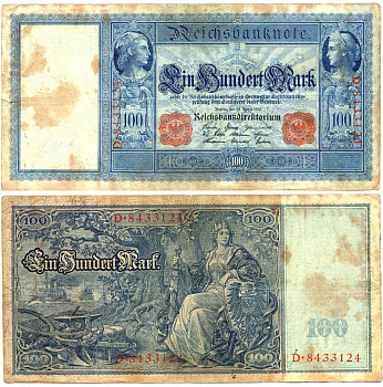 ГЕРМАНИЯ 100 МАРОК 1910 21 АПРЕЛЯ 1910, КРАСНАЯ СЕРИЯ Pick 42 бумага 7146-11-2-1