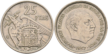 Испания 25 песет 1957(64) Франциско Франко (1939-1975) KM 787 медно-никель 4583-1043