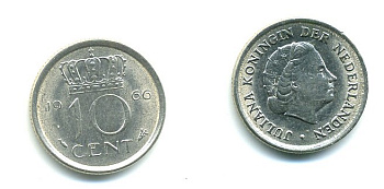НИДЕРЛАНДЫ 10 ЦЕНТОВ 1966 ЮЛИАНА KM 182 никель 76-339