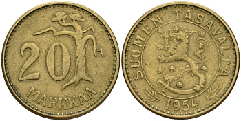 Финляндия 20 марок 1954 KM 39 алюминиевая бронза 4150-957