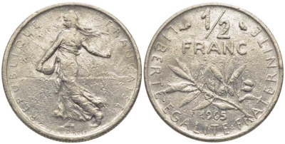 Франция 1/2 франка 1965 сеятель KM 931, Le Franc 198.3 никель 116-617